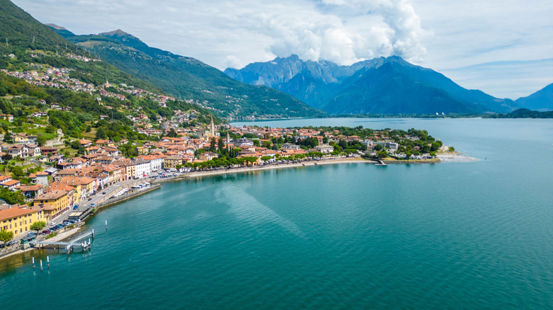 An aerial view of Domaso and Lake Como in Italy