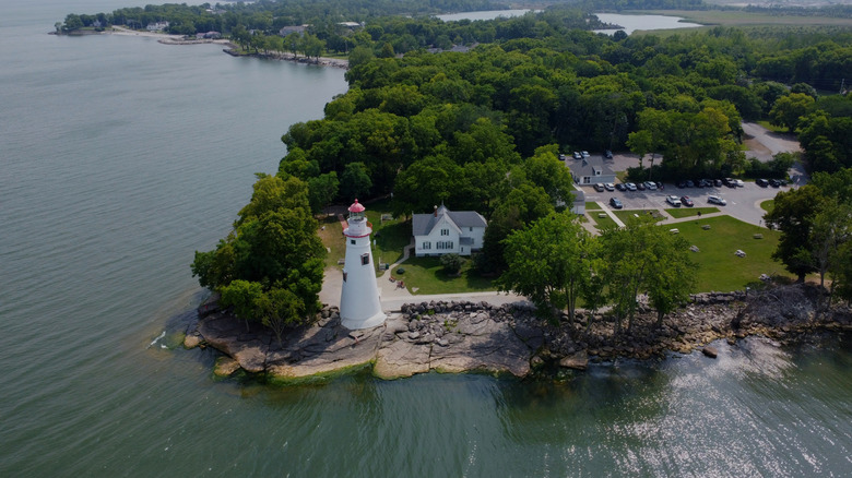 Aerial view of Marblehead Lighthouse in Marblehead Ohio, on Lake Erie