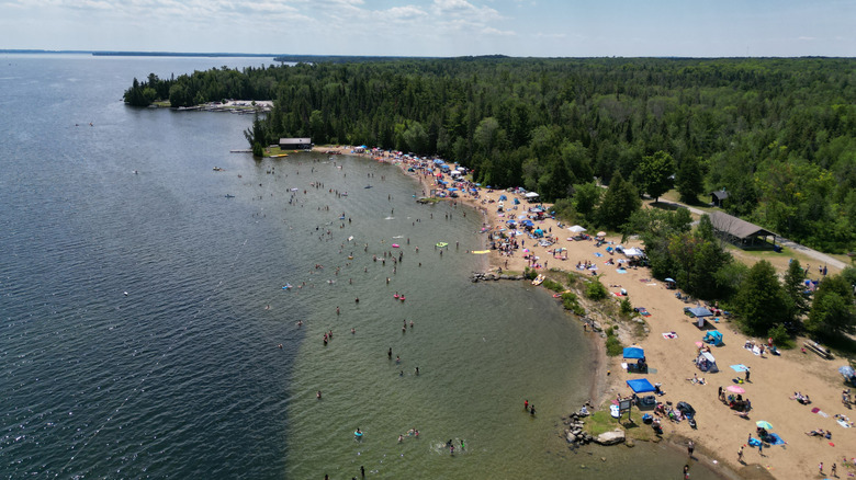 Aerial view of the beach at Balsam Lake Provincial Park on summer day