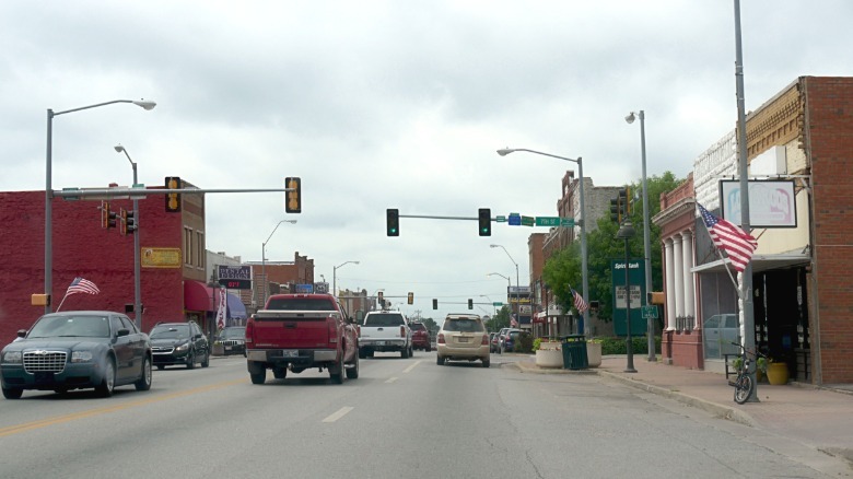Traffic on Main Street in Bristow, Oklahoma, during the day