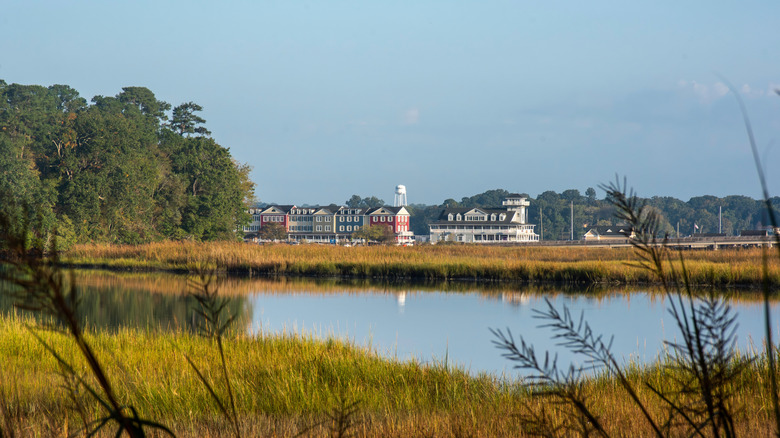 View of the river marshes and Smithfield, Virginia waterfront