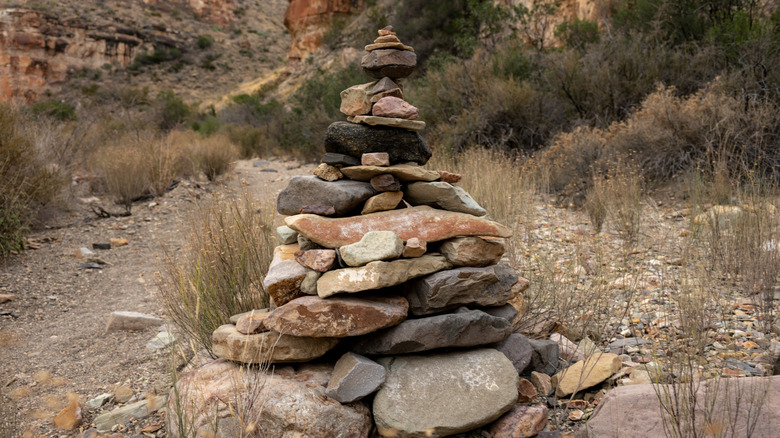 A stone cairn marking the path in Big Bend National Park, Texas