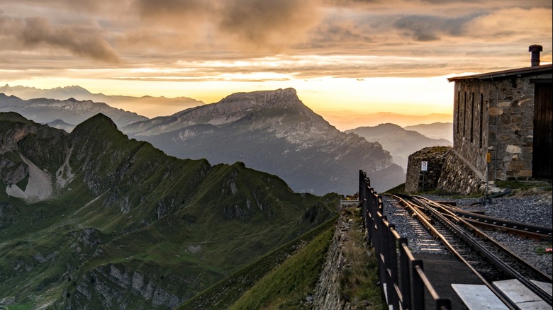 The terminus for the Brienz Rothorn railway, which goes through the Emmental Alps in the Bernese Oberland region of Switzerland, pictured here at sunset