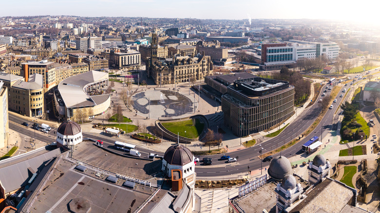 An aerial photo of Bradford city center