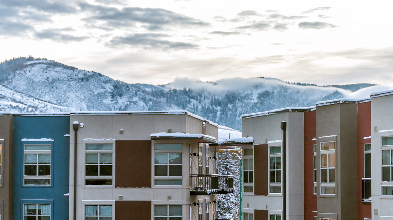 Buildings in Avon in the snow