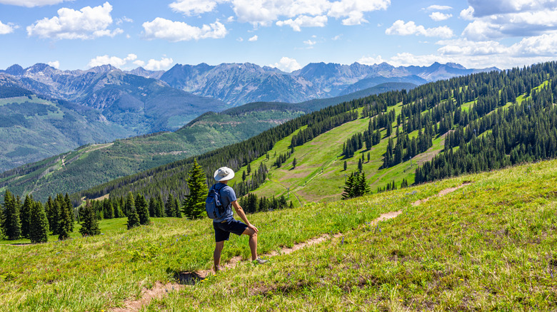 A hiker looks at the view of the Holy Cross Wilderness near Avon, CO