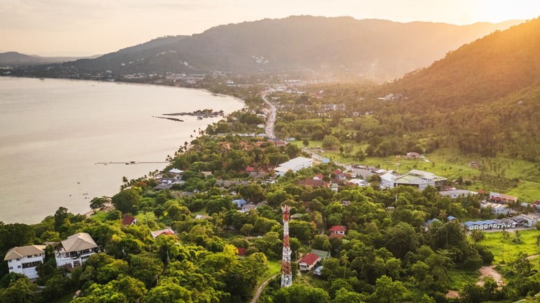 Aerial view of Koh Samui in eastern Thailand at sunset