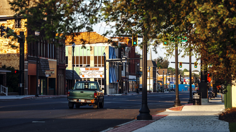 A truck driving through the historic downtown of Terre Haute, Indiana