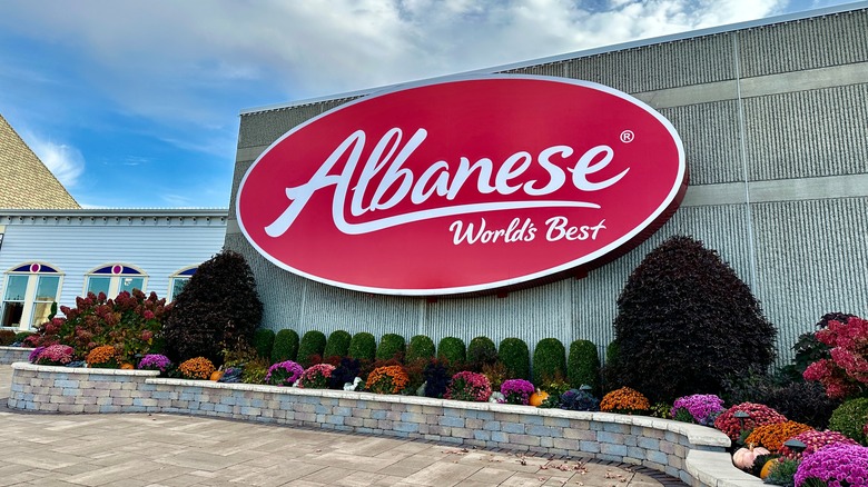 Exterior of Albanese candy factory with red sign
