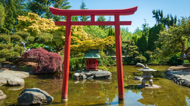A Japanese-style arch in the Japanese garden at Point Defiance Park