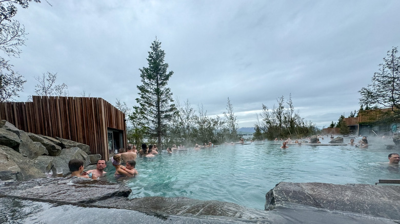 People swim in hot springs on the coast of Iceland