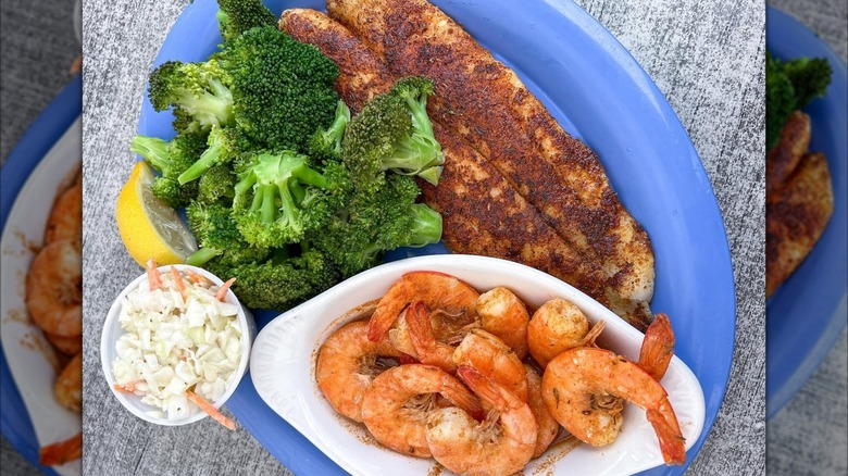 Blackened fish and spicy steamed shrimp from Boondocks Restaurant in Port Orange, Florida