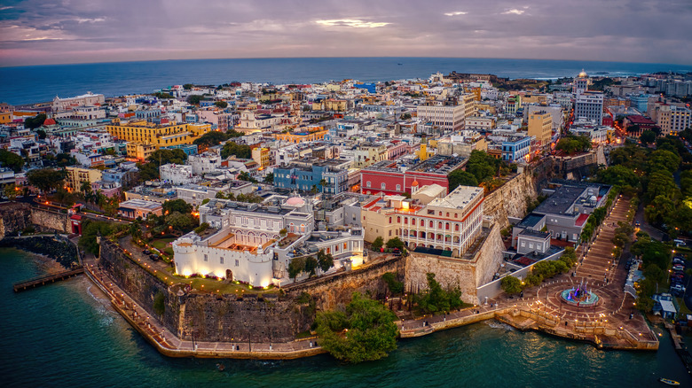 Aerial view of buildings and ocean in Old San Juan