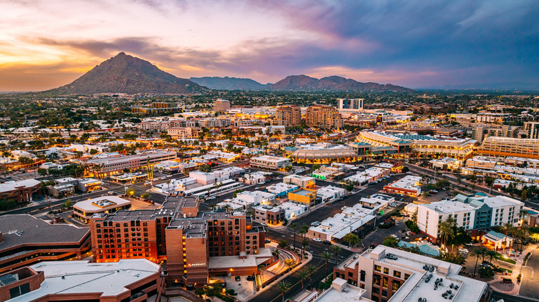 Aerial view of Scottsdale and mountains at sunset