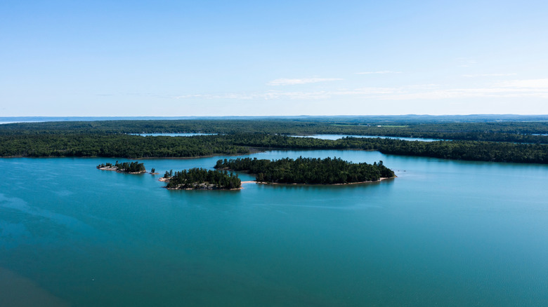 An aerial view of mountains along Michigan's St. Marys River