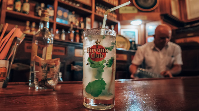 Havana Club mojito sits on bartop of La Bodeguita del Medio