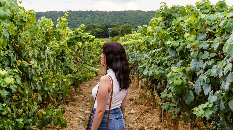 Woman touring vineyard