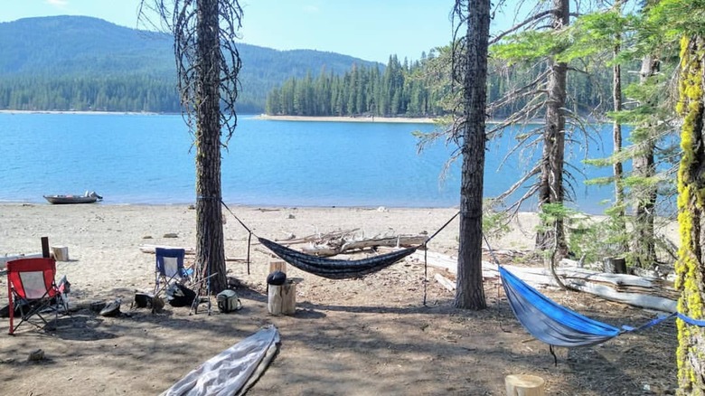 A campsite with hammocks on Bucks Lake, California