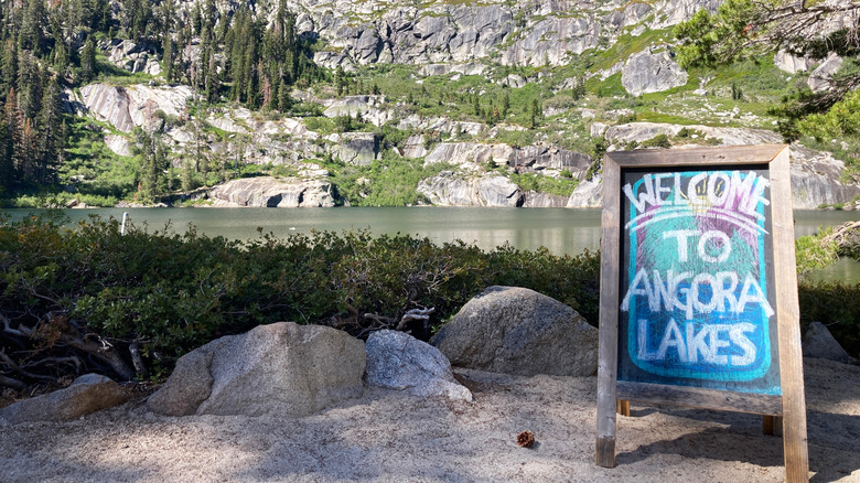 A welcome sign at the Angora Lakes Resort