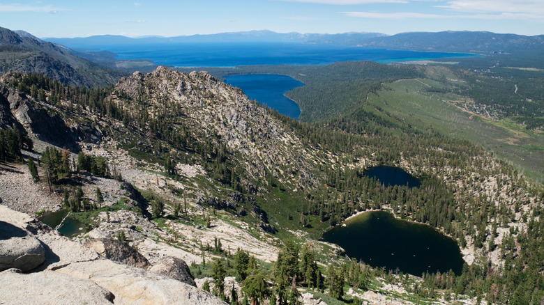 The view from a mountain above the Angora Lakes