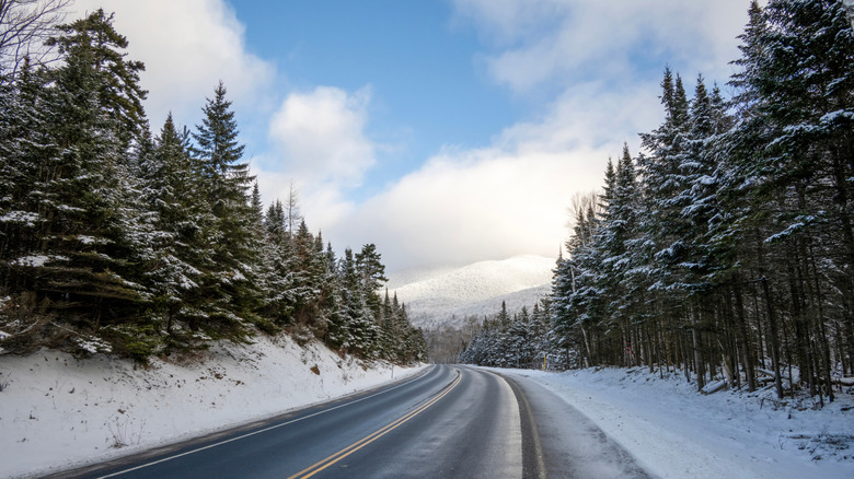 Road to Lake Placid in winter with snow-covered trees