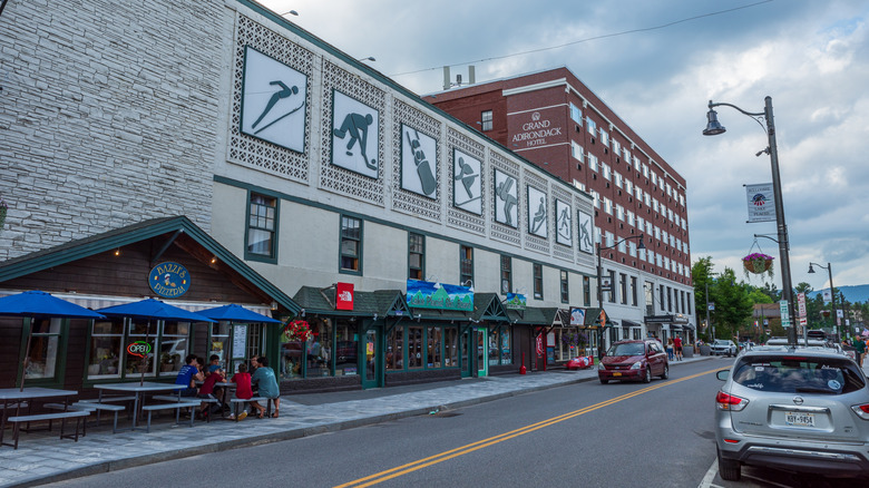 View of Lake Placid, New York main street shops and buildings