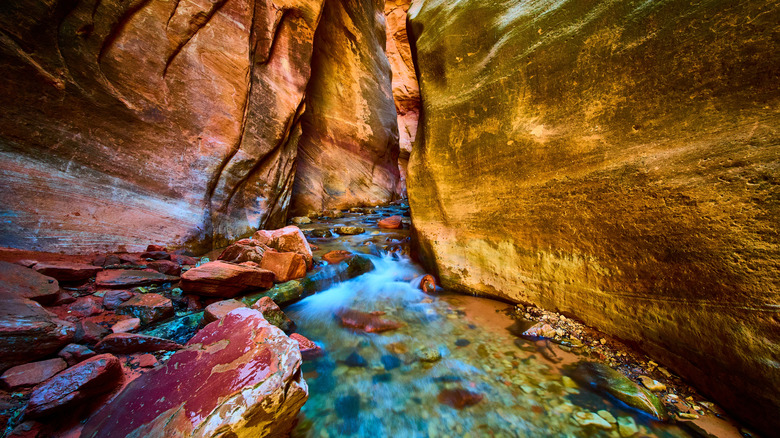Flowing stream between slot canyon in Kanarra Falls