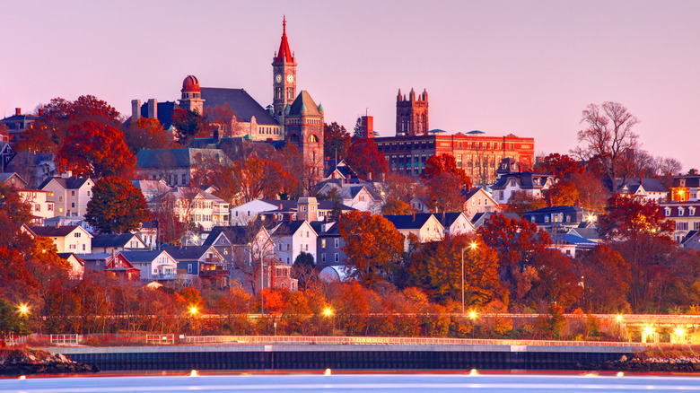 Skyline of Fall River, Massachusetts at sunset