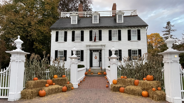 Historic house decorated with pumpkins in Salem, Massachusetts