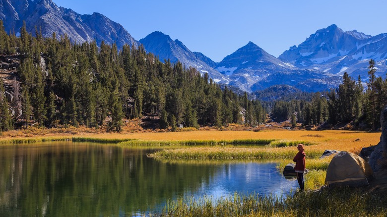 A hiker stands beside a lake on the Little Lakes Valley Trail, California
