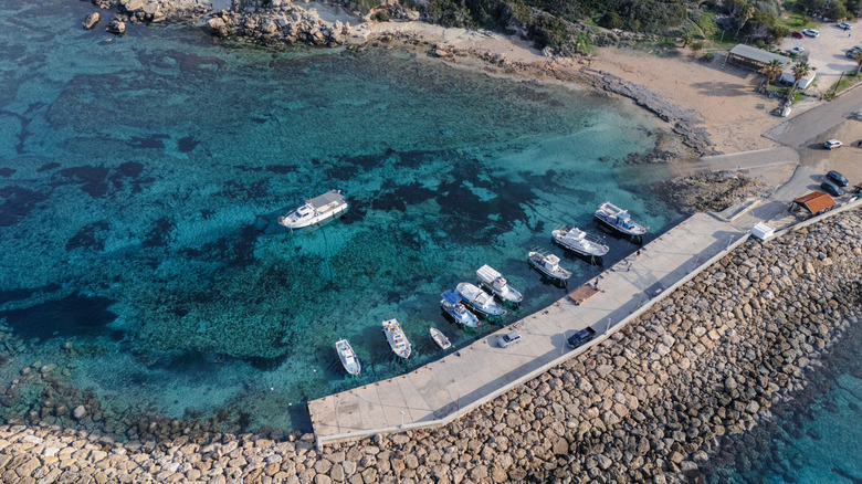 An aerial view of a small harbor near Pafos