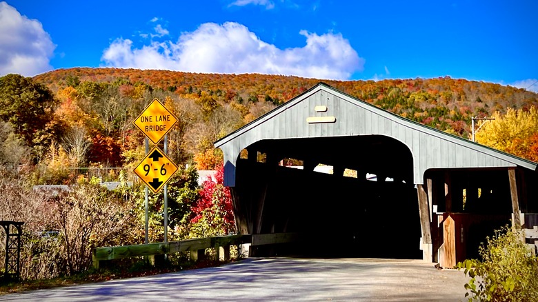 Covered bridge and fall folliage in Warren, VT