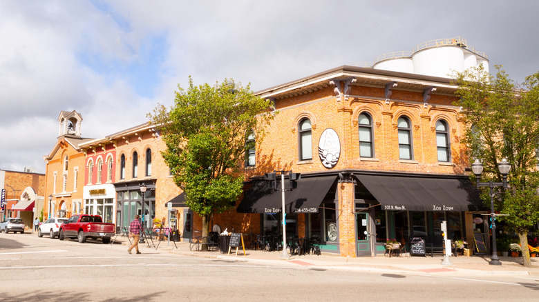 a person walking in the center of town in chelsea, michigan