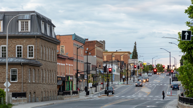 Rows of pretty brick buildings lining downtown Smith Falls, Ontario, Canada