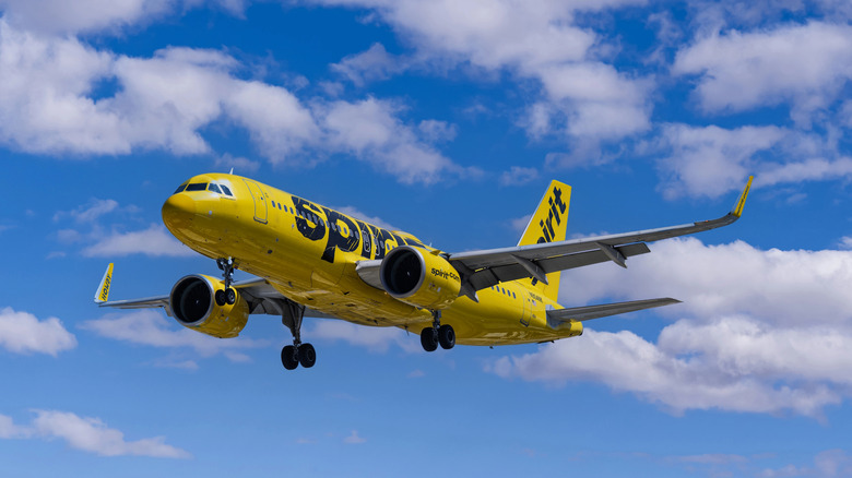 Spirit Airlines plane flies in blue sky with clouds