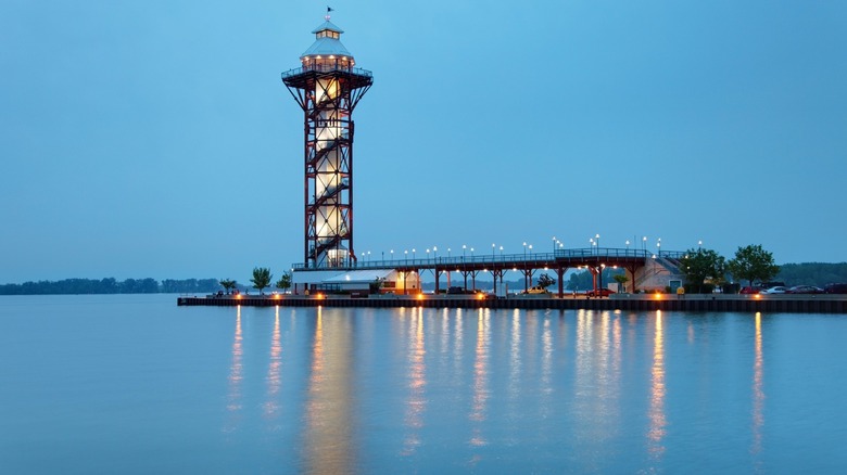 An observation tower stands on the edge of Lake Erie in Pennsylvania