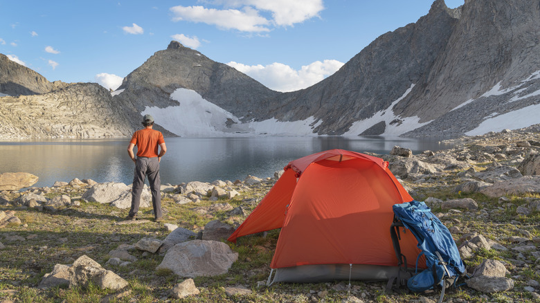 A tent and camper at Noel Lake in the Bridger-Teton National Forest, Wyoming