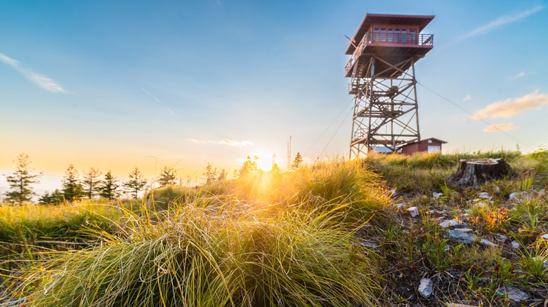 Lookout tower standing on grassy Idaho peak at sunset