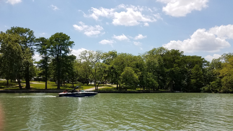 Motorboat on the water at "Son's Island," a private resort in Texas Hill Country