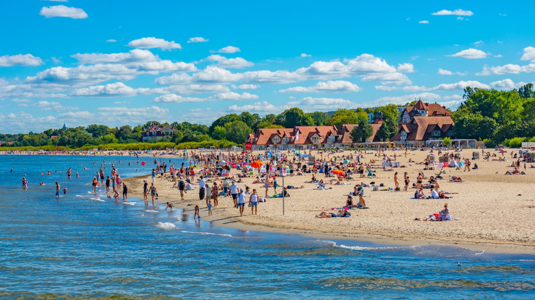 People gather on Sopot beach, Poland