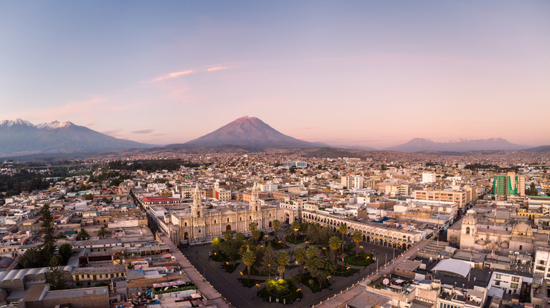 Basilica Cathedral and the Misti and Chachani volcanoes, Arequipa, Peru