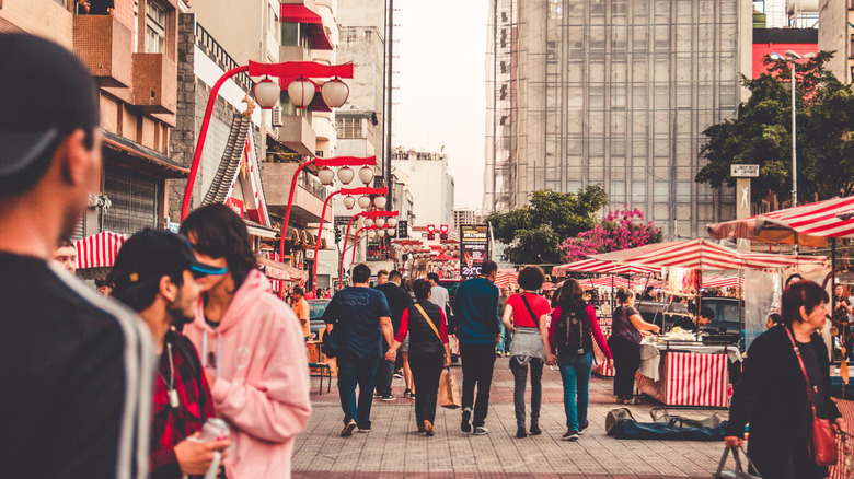 The Liberdade neighborhood, São Paulo's Japantown with red food stalls and lanterns