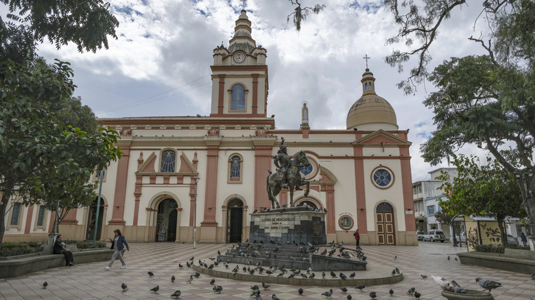 Pigeons gather around the square in front of a church in Loja