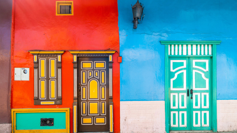 Colorful red and blue houses in Loja, Ecuador