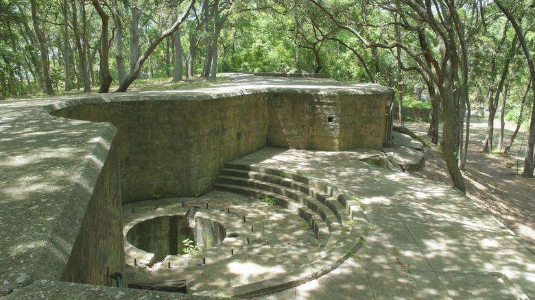 Trees shade the concrete ruins of the battery at Fort Fremont, South Carolina.