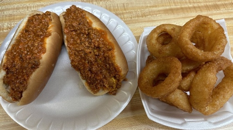 Chili dogs and beer-battered onion rings at Harold's