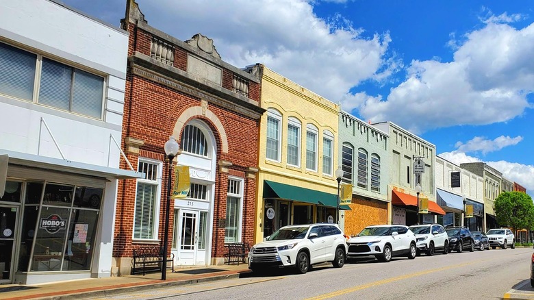 A row of historic shopfronts in downtown Fort Mill's historic district