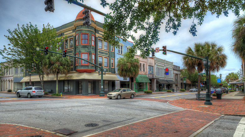 Street corner with vibrant old buidings in Orangeburg, South Carolina