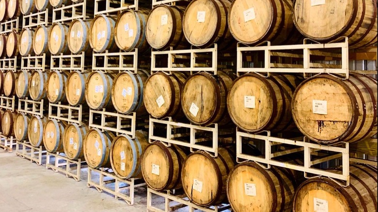 Wall of barrels in a distillery