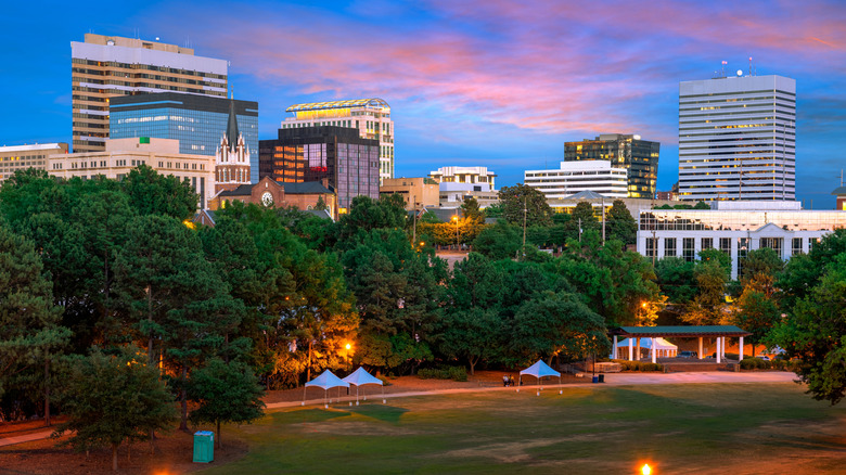 An aerial view of Finlay Park in Columbia, South Carolina at sunset